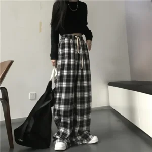 Übergröße Frauen Sweatpants Mode Comfy Lose Schwarz Kariert Lässige Hosen Baggy Elastische Taille Taschen Student Unisex Hip Hop Lose Hose