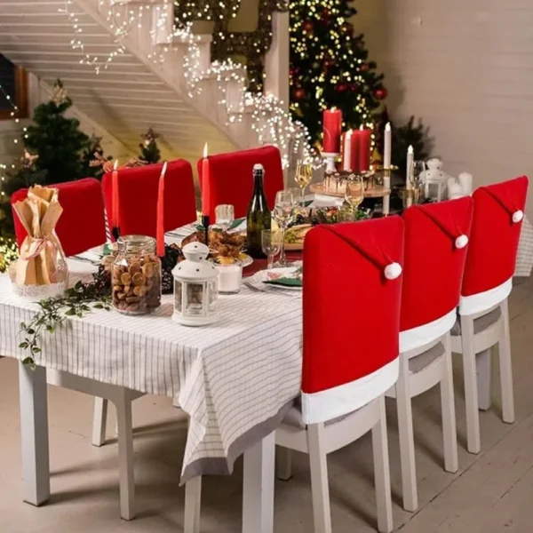 1-6PCS Weihnachtsdekoration Stuhlsitz Rückenlehne Abdeckungen Weihnachtsmann Rote Mütze Stuhlmütze Küche Esszimmerstuhl Festliche Schonbezüge Sets für Weihnachten Urlaub