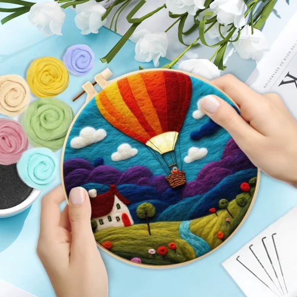 Photocustom Crafts Arts DIY Wool Felting Painting Kit mit Rahmen Handmade Needle Wool Painting Hot Air Balloon für Home Decors Crafts Geschenk