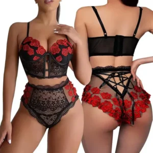 Frauen Sexy Spitze Dessous Set Spitze Bralette und Panty Set Strappy Lace Dessous Rose Muster Jahrestag Valentinstag Geschenk